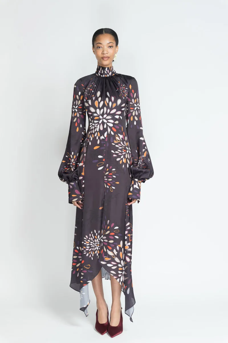 Sashi Print Satin Long Sleeve Kameez Dress with Neck Tie Detail