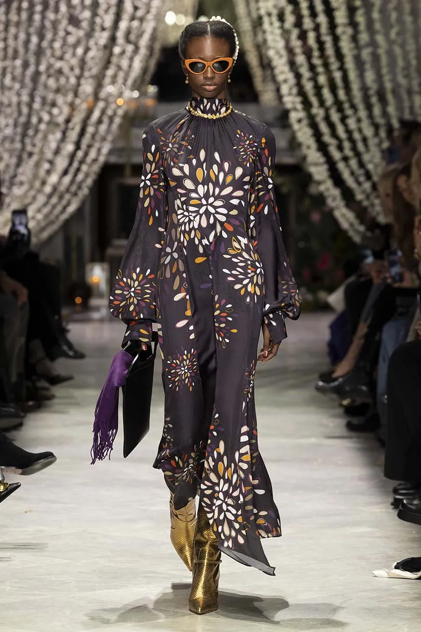 Sashi Print Satin Long Sleeve Kameez Dress with Neck Tie Detail