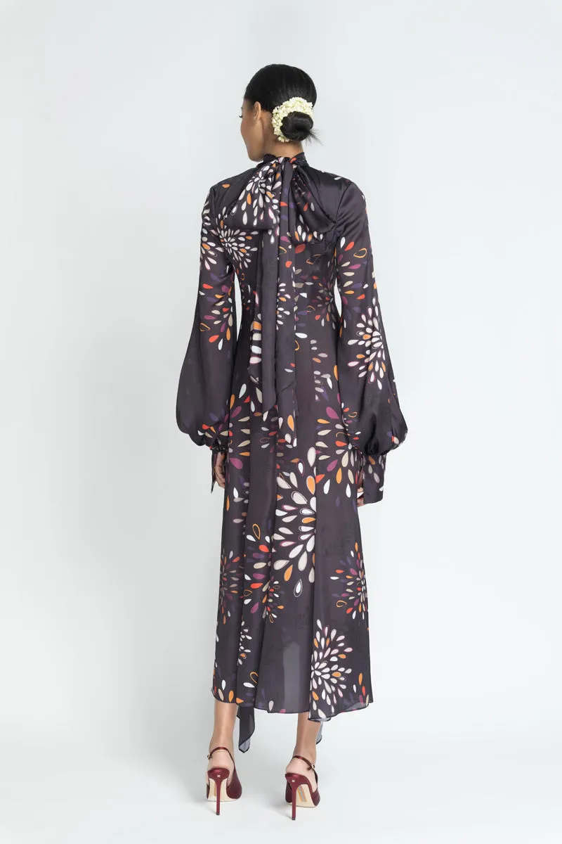 Sashi Print Satin Long Sleeve Kameez Dress with Neck Tie Detail