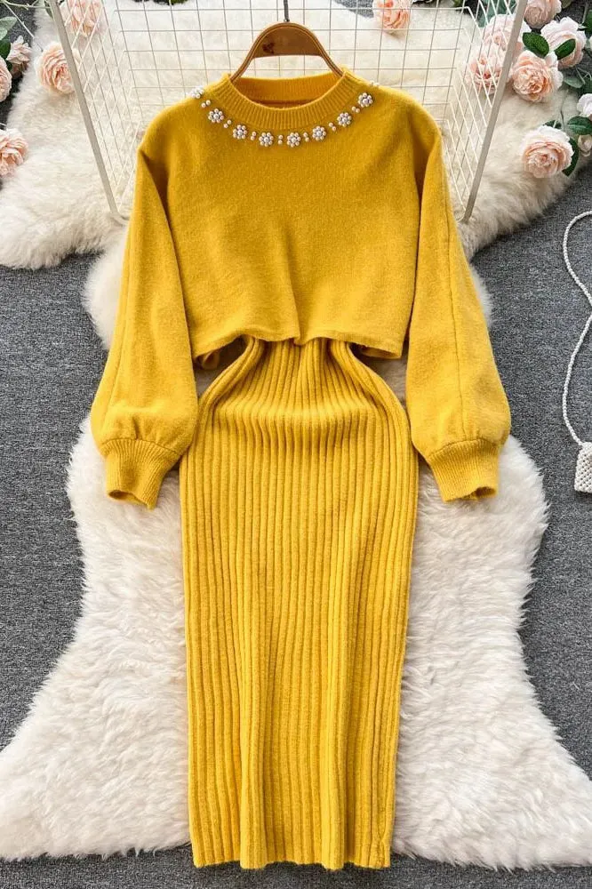 Set Elegant Pearl O-neck Knitted Sweaters   Strap Dress Two Piece Suits
