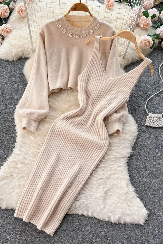 Set Elegant Pearl O-neck Knitted Sweaters   Strap Dress Two Piece Suits