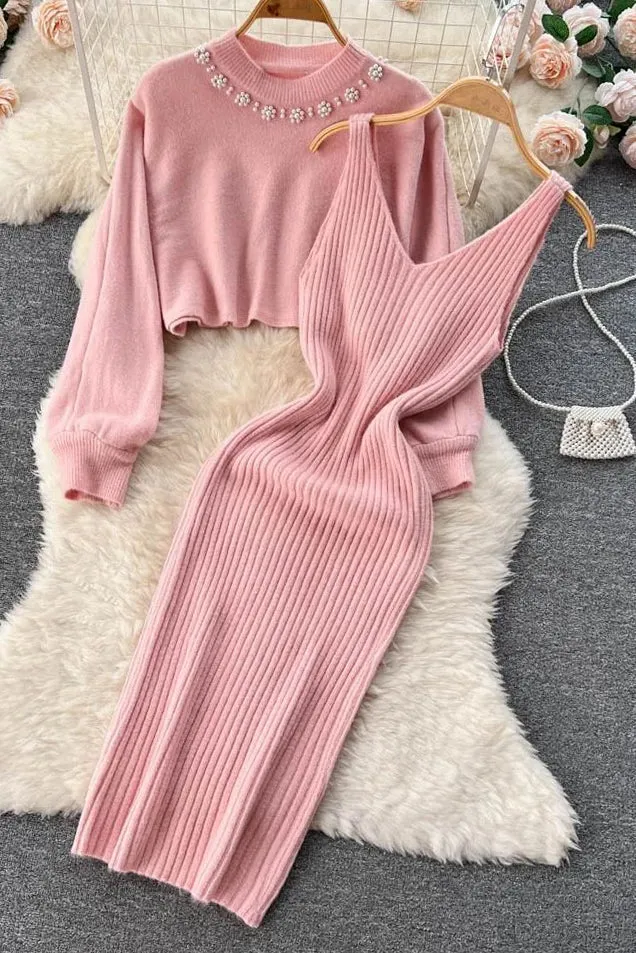 Set Elegant Pearl O-neck Knitted Sweaters   Strap Dress Two Piece Suits