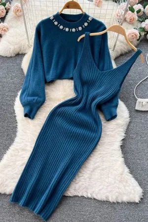 Set Elegant Pearl O-neck Knitted Sweaters   Strap Dress Two Piece Suits