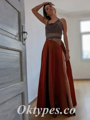Sexy Satin And Tulle Halter Sleeveless Side Slit A-Line Long Prom Dresses, PDS0934
