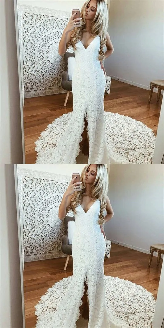 Sexy Spaghetti Straps Sleeveless White Lace Wedding Dresses with Split, TYP1111