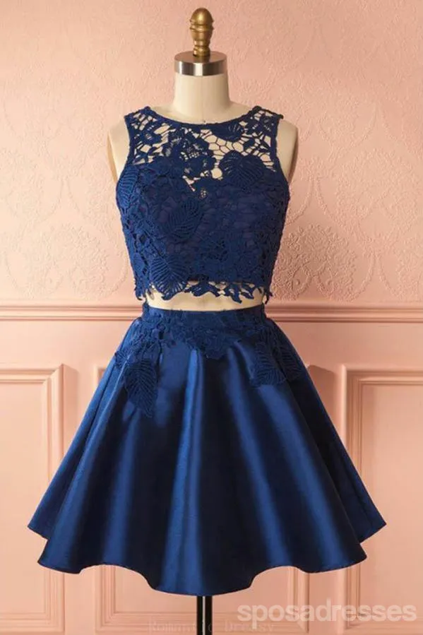 Sexy Two Pieces Navy Blue Illusion Lace Cheap Short Homecoming Dresses 2018, CM556