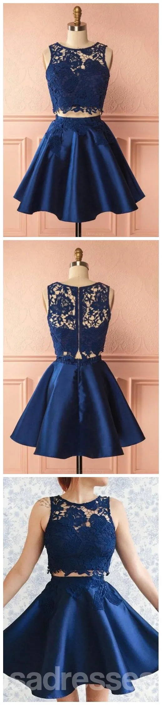 Sexy Two Pieces Navy Blue Illusion Lace Cheap Short Homecoming Dresses 2018, CM556