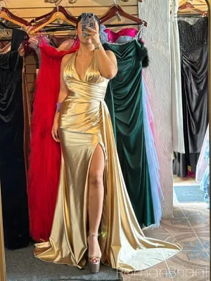 Sexy V-neck Sleeveless Mermaid Satin Evening Prom Dresses Online, OLP802