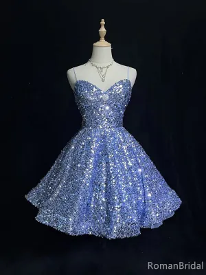 Shiny Spaghetti Strap Sleeveless A-line Sequin Short Homecoming Dresses For Party Online, HD01018