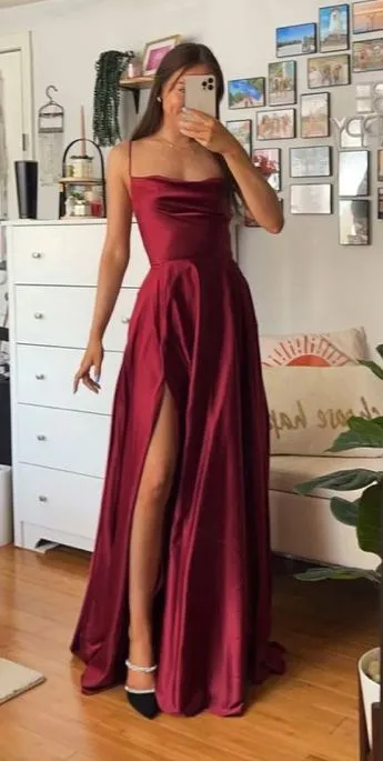 Simple Spaghetti Strap Sleeveless A-line Satin Evening Prom Dresses Online, OLP1038