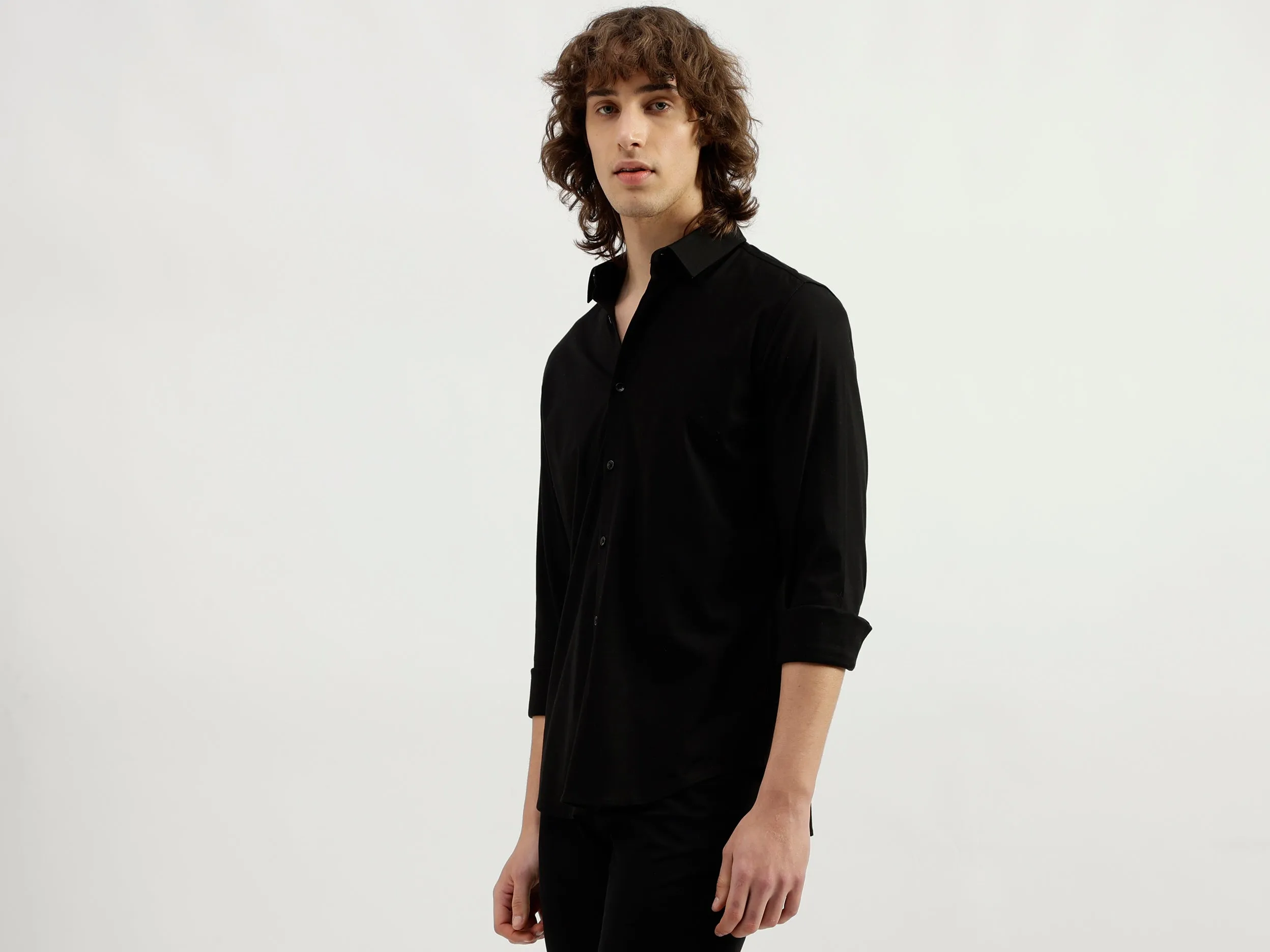 Slim Fit Spread Collar Solid Shirt