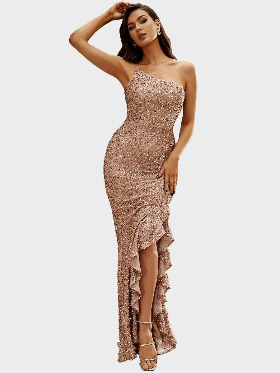 Spaghetti Strap Ruffled Gold Sequin Prom Dress XJ1763