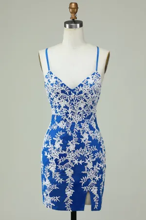Spaghetti Straps Blue Sheath Homecoming Dress With Appliques