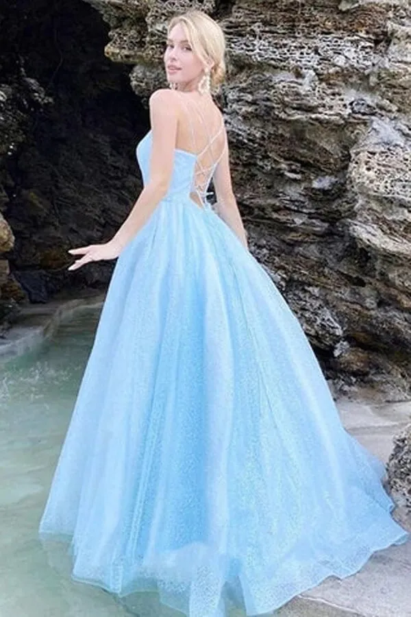 Sparkly Tulle Sky Blue A-line Scoop Prom Dresses, Long Formal Dresses, SP805