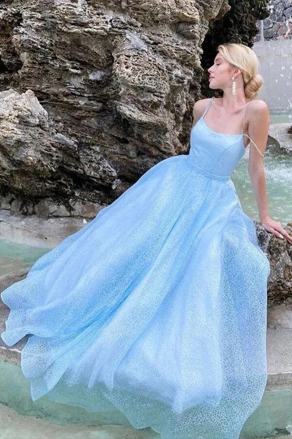 Sparkly Tulle Sky Blue A-line Scoop Prom Dresses, Long Formal Dresses, SP805