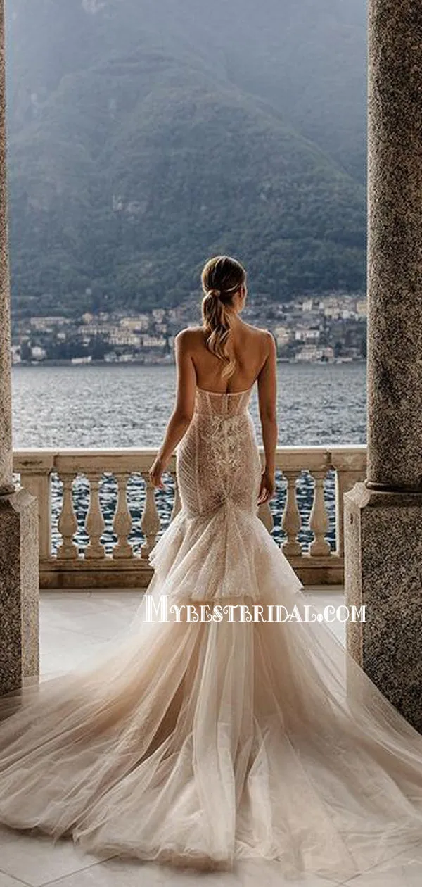 Sweetheart Lace Appliqued Mermaid Long Cheap Wedding Dresses, WDS0044