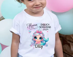 T-Shirt endlich Schulkind Meerjungfrau mit Name personalisiert Mädchen Einschulungsshirt Einschulung erste Klasse Geschenk