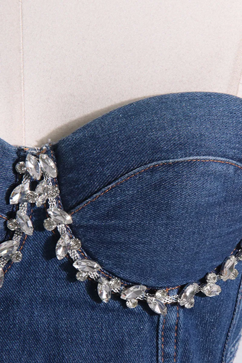 TF811 Rhinestone Stitch Sweetheart Denim Top