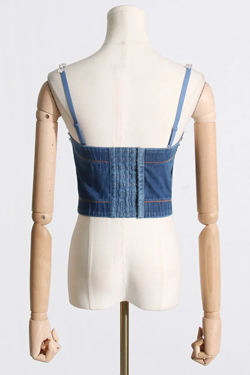 TF811 Rhinestone Stitch Sweetheart Denim Top