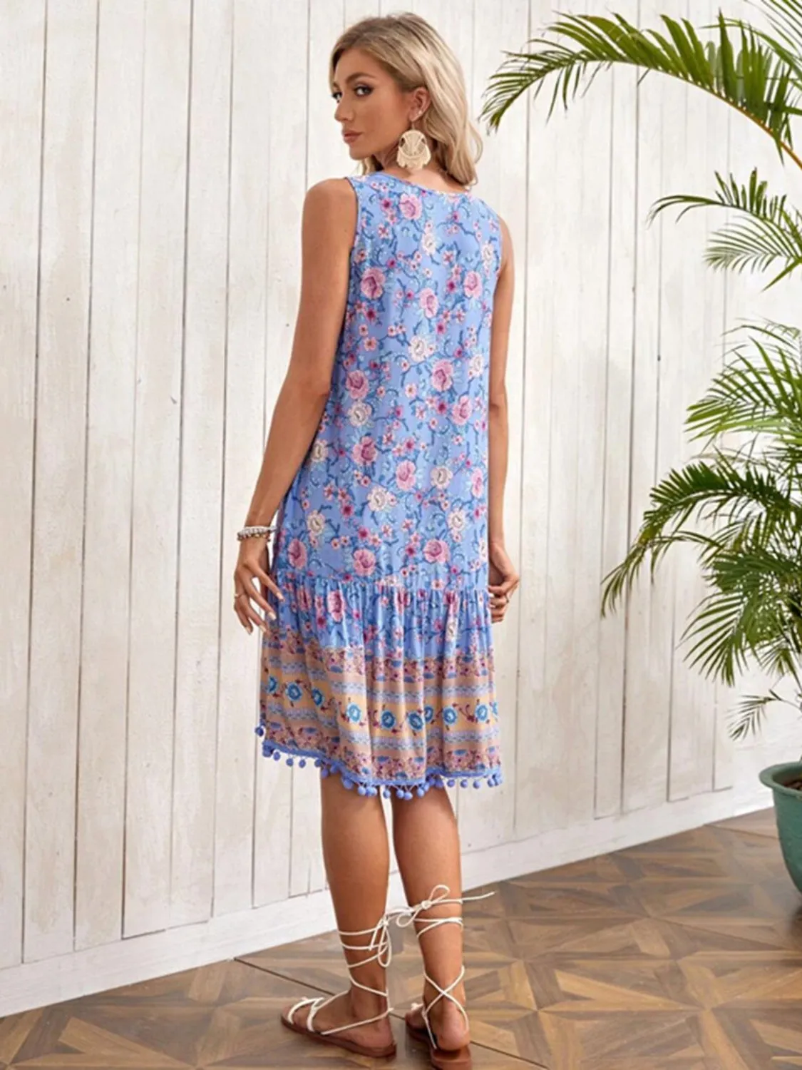 Tie Neck Sleeveless Floral Dress