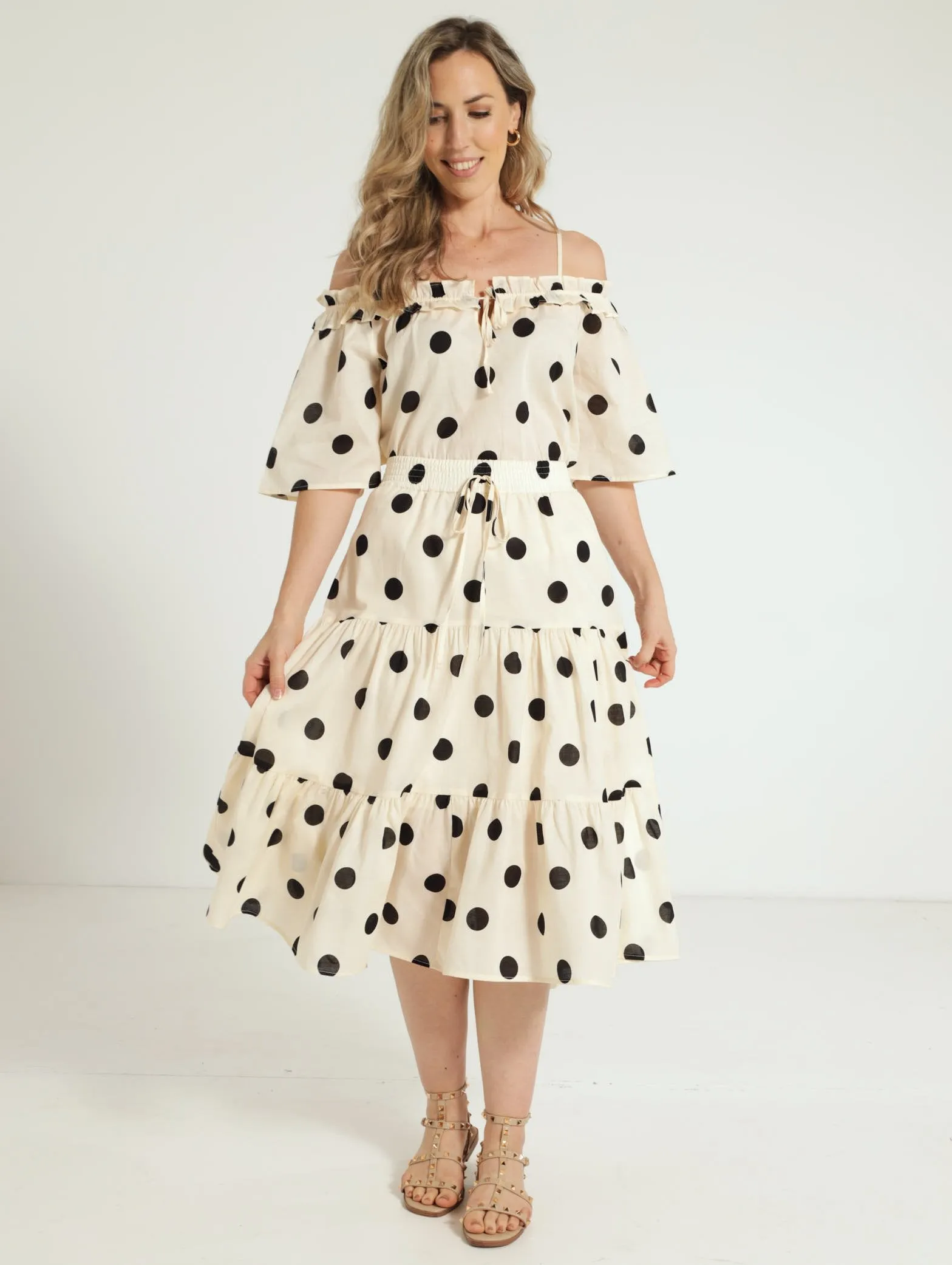 Tiered Bold Spot Midi Skirt - Cream