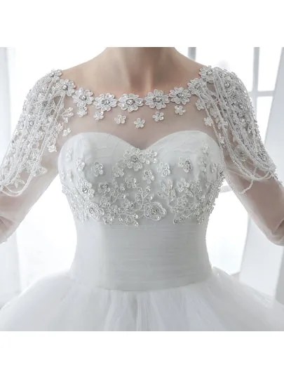 Tiered Tulle 3/4 Length Sleeve Wedding Dress