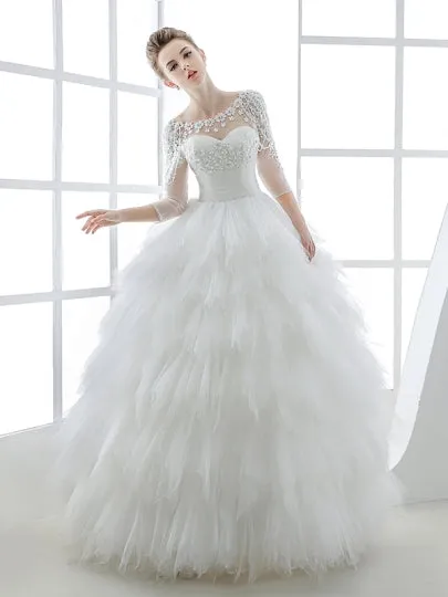 Tiered Tulle 3/4 Length Sleeve Wedding Dress