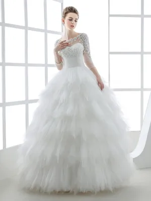 Tiered Tulle 3/4 Length Sleeve Wedding Dress
