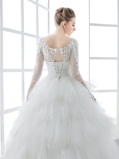 Tiered Tulle 3/4 Length Sleeve Wedding Dress