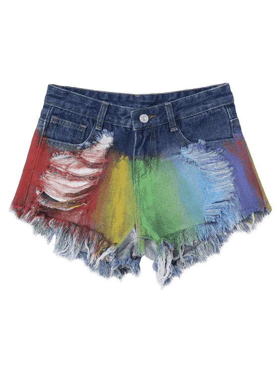 Trendy Spray Painting Ripped Frayed Hem Denim Shorts