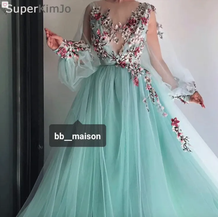 turquoise blue prom dresses 2020 long sleeve embroidery appliqué elegant prom gown vestido de festa de longo