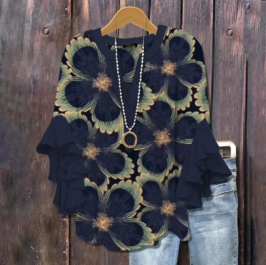 Twilight Garden - Floral Ruffle Sleeve Blouse