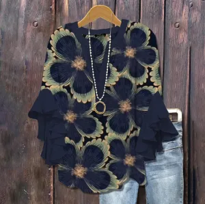 Twilight Garden - Floral Ruffle Sleeve Blouse