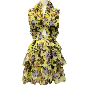 Ulla Johnson Yellow / Purple Floral Print Ruffle Dress