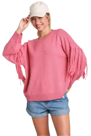 Umgee Fringe Round Neck Long Sleeve Sweater