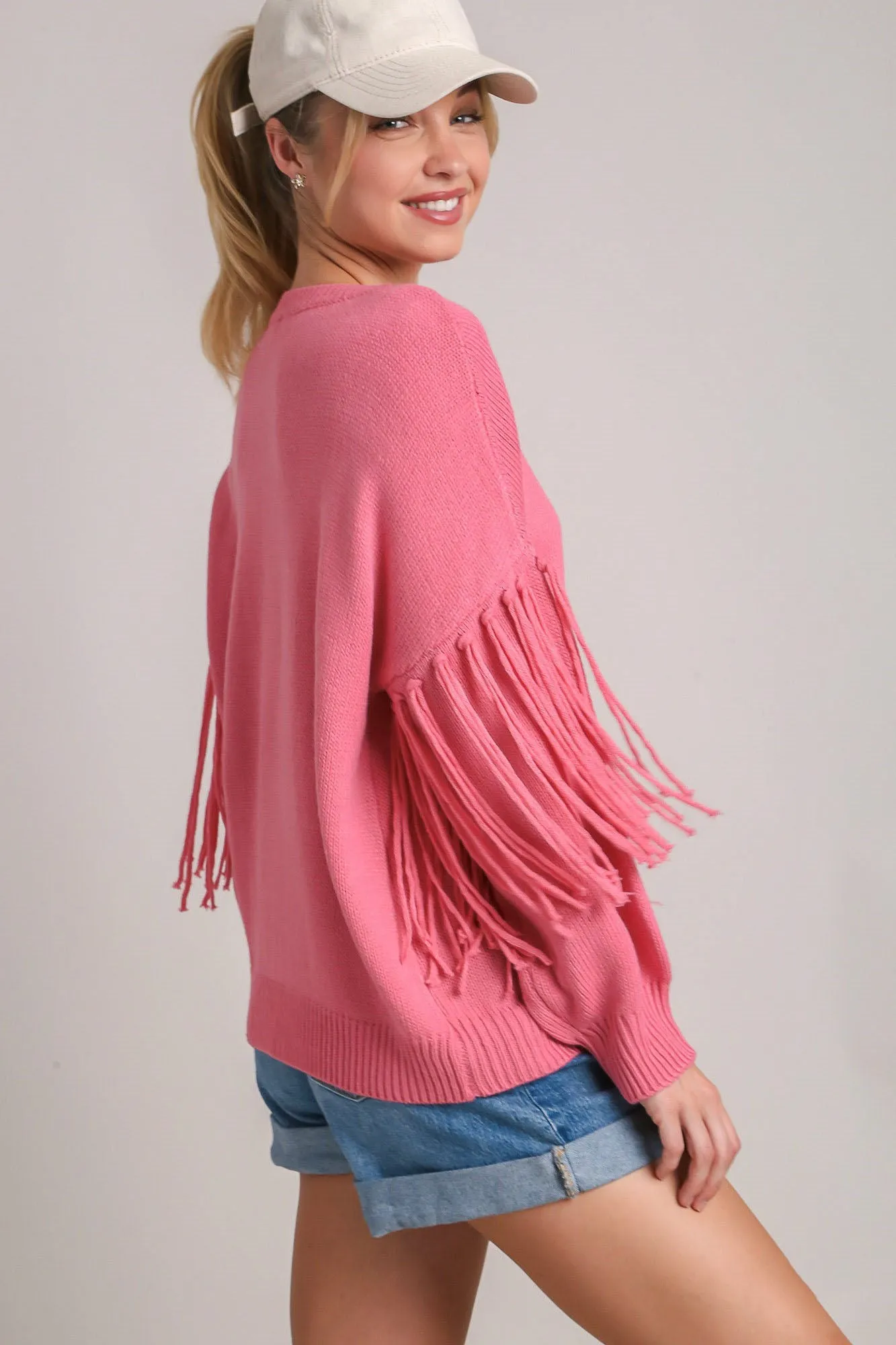 Umgee Fringe Round Neck Long Sleeve Sweater