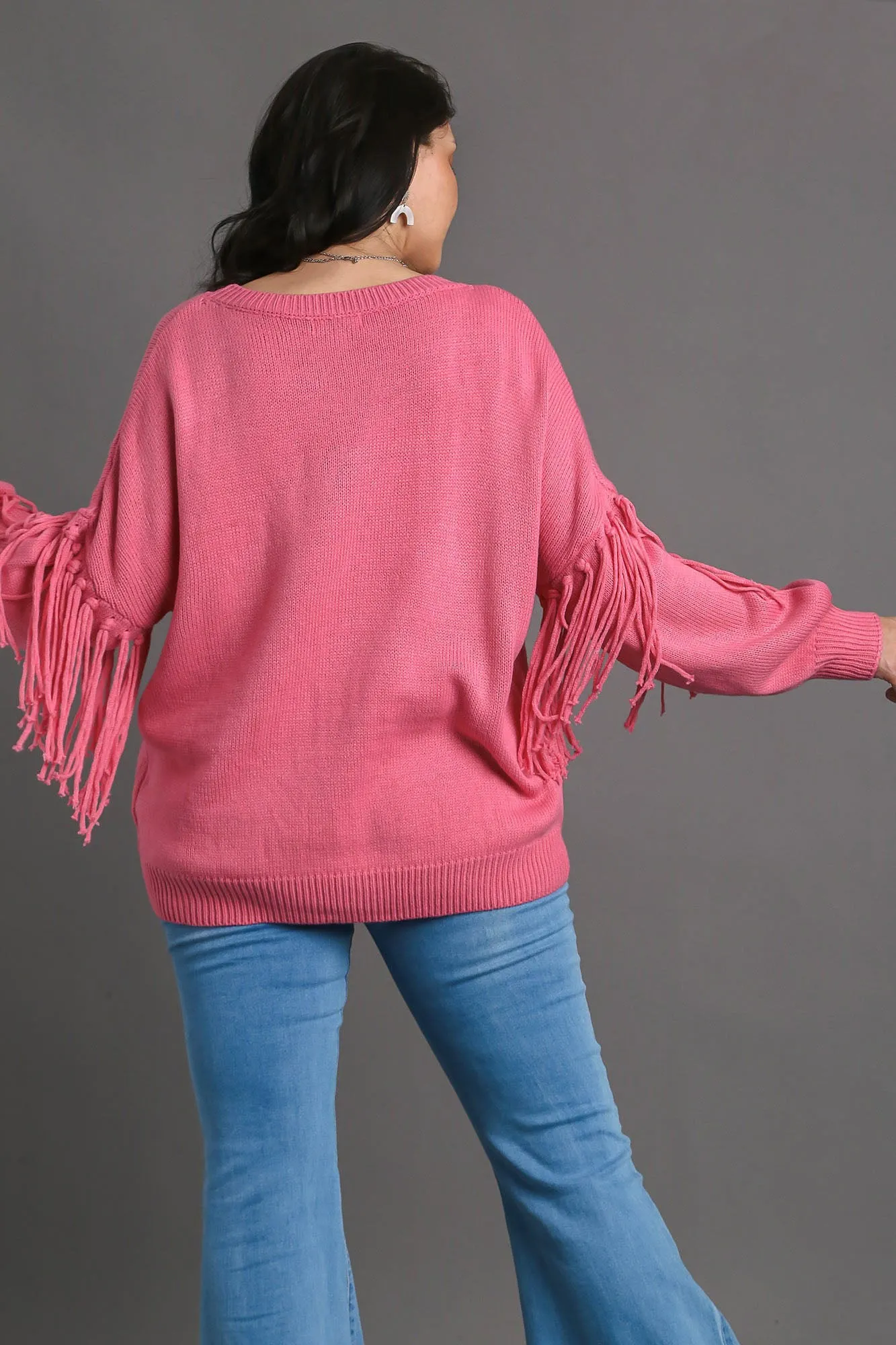 Umgee Fringe Round Neck Long Sleeve Sweater