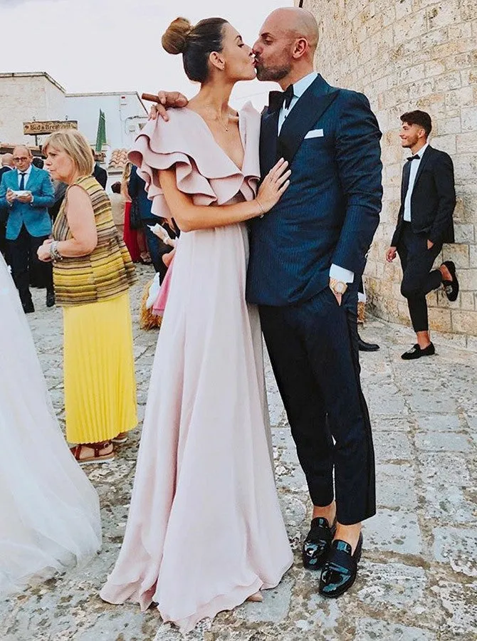 Unique A-Line V-Neck Pink  Long Evening Prom Dresses with Ruffles, TYP1510