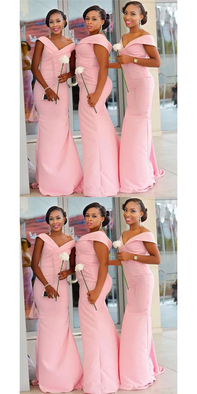 Unique Pink Elegant Off Shoulder Mermaid Long Charming Bridesmaid Dresses , BDS0154