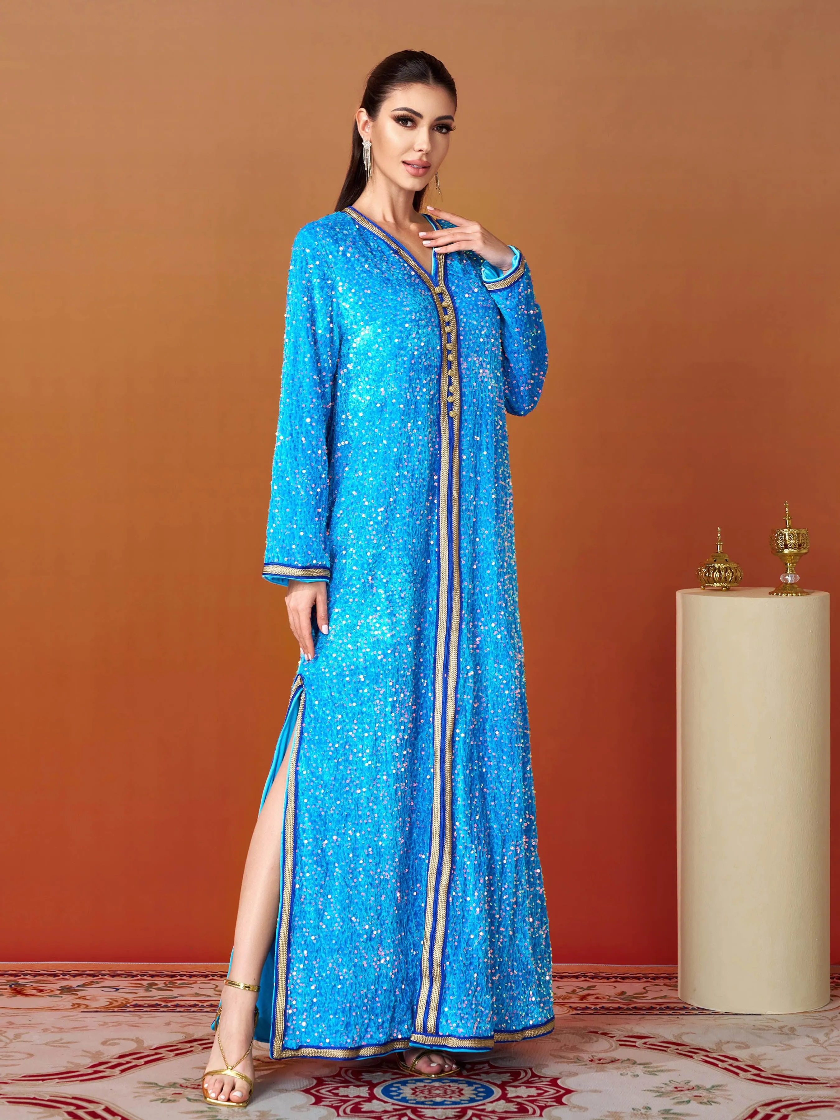 V-neck Long Sleeve Sequin Split Dress MES00469