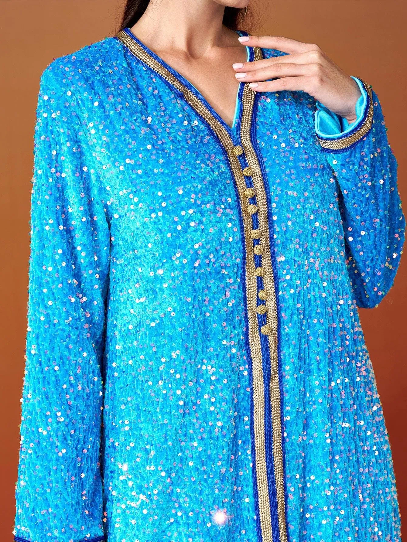 V-neck Long Sleeve Sequin Split Dress MES00469
