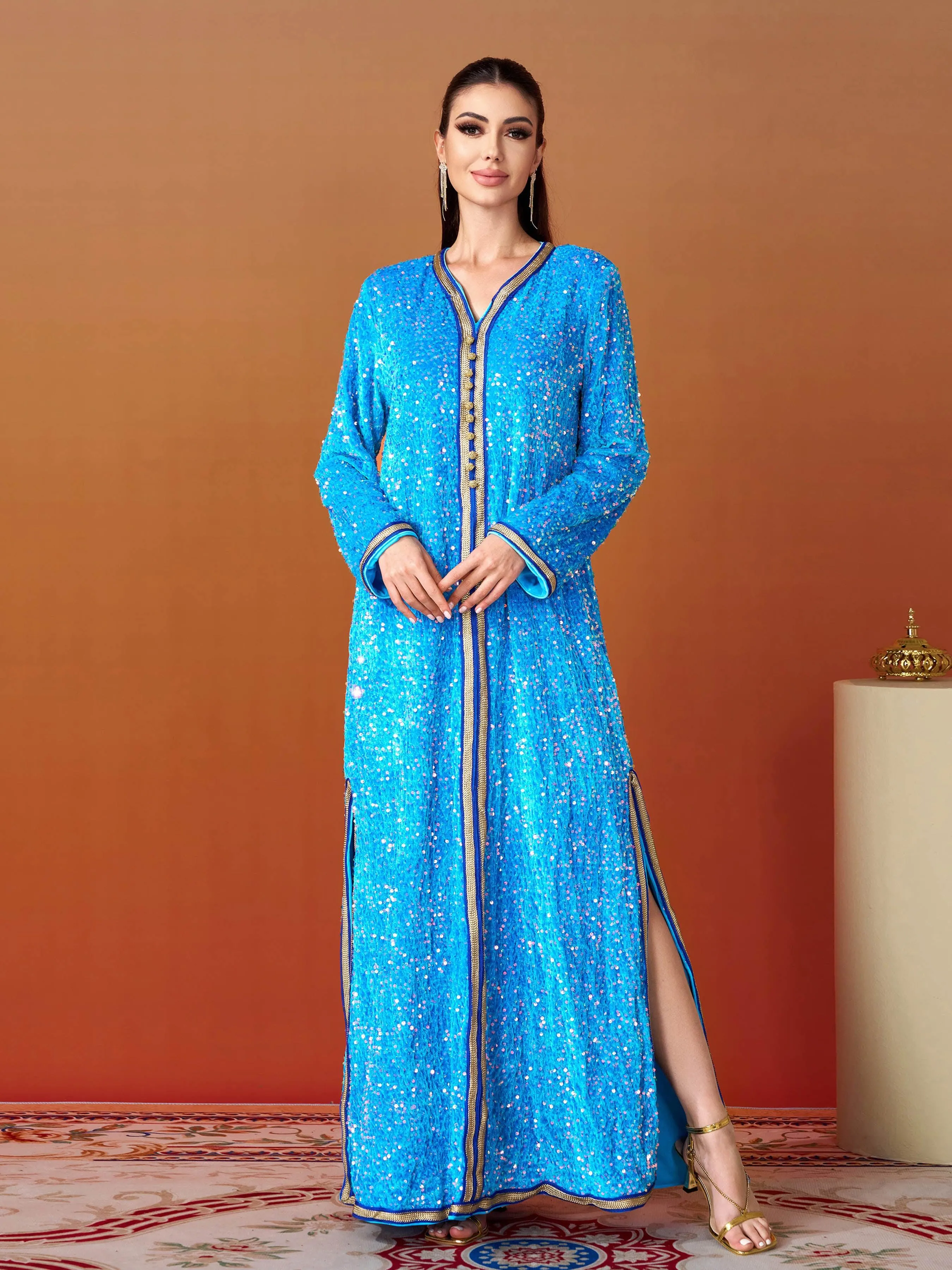 V-neck Long Sleeve Sequin Split Dress MES00469