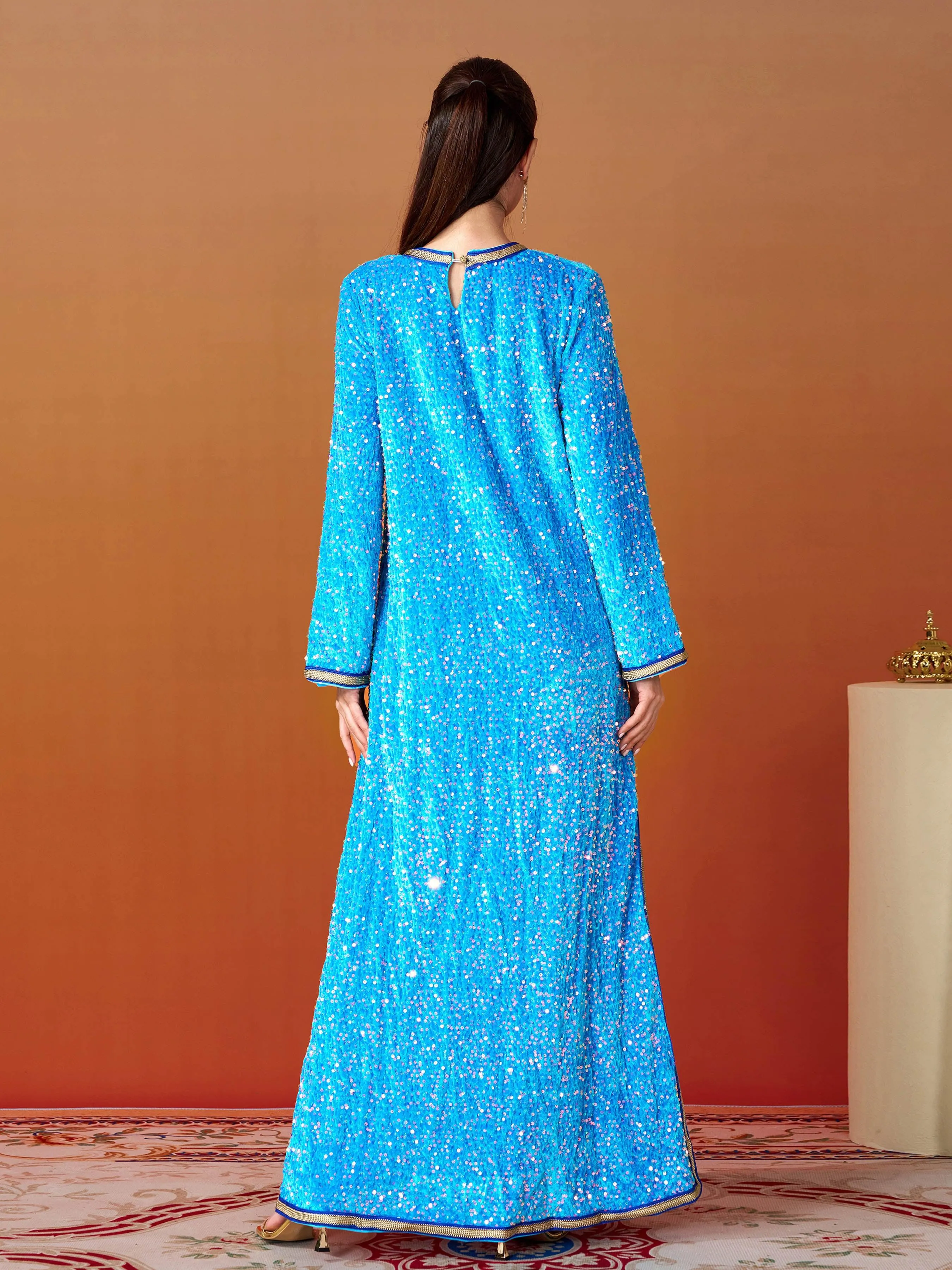 V-neck Long Sleeve Sequin Split Dress MES00469