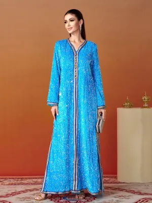 V-neck Long Sleeve Sequin Split Dress MES00469