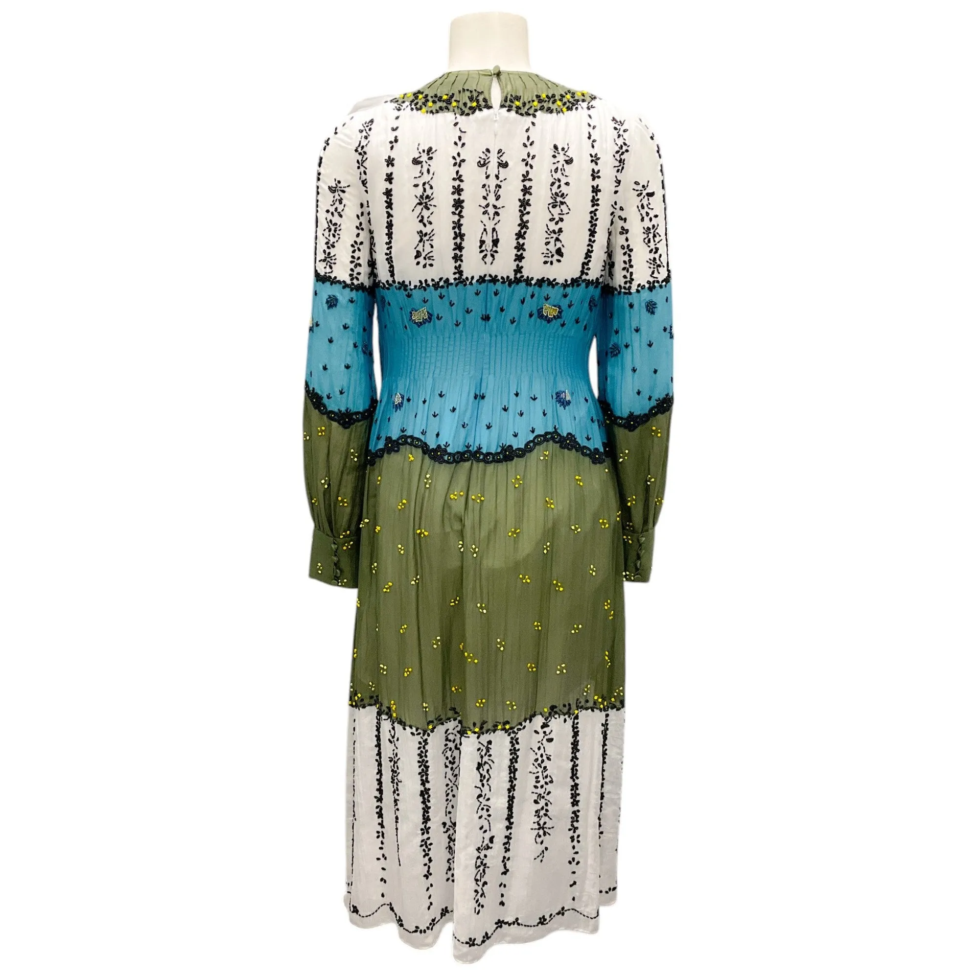 Valentino White / Blue / Olive Green Beaded Long Sleeved Midi Dress
