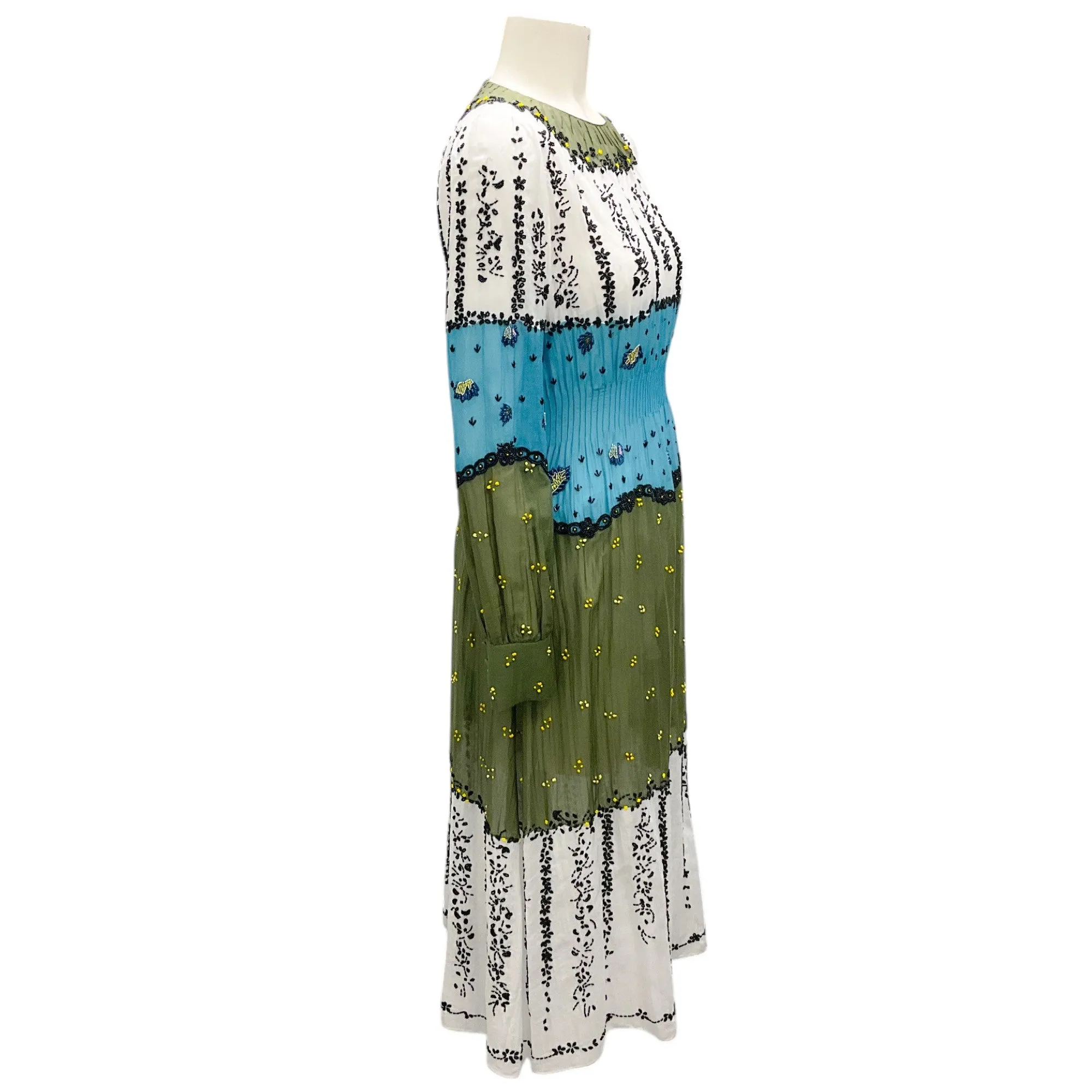 Valentino White / Blue / Olive Green Beaded Long Sleeved Midi Dress
