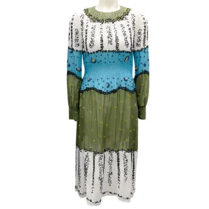 Valentino White / Blue / Olive Green Beaded Long Sleeved Midi Dress
