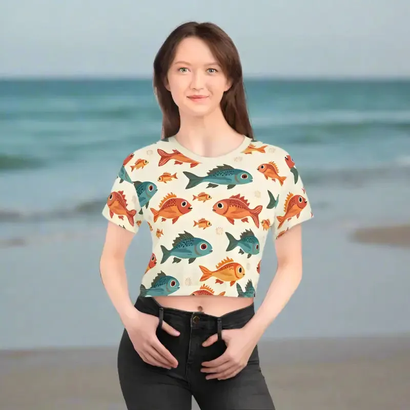 Vivid Colorful Fishes Crop Tee for Trendy Fashion