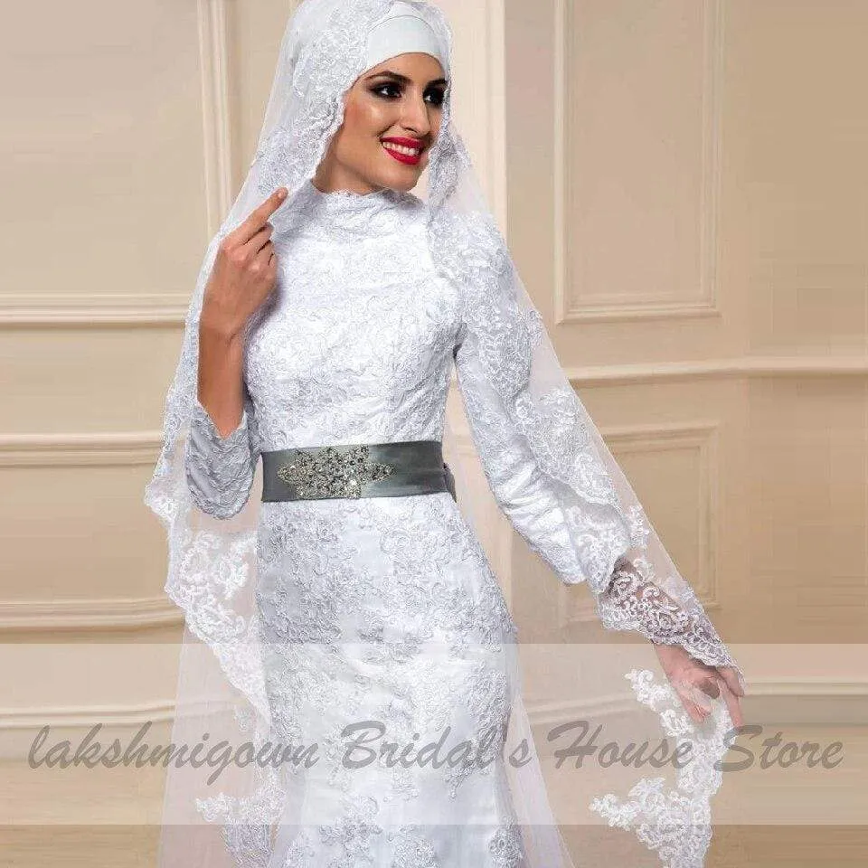 Wedding Gowns Mermaid Elegant Lace Long Sleeve Muslim Bridal Dresses