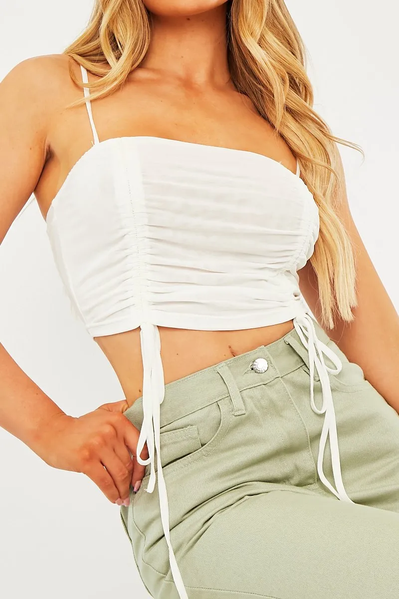 White Mesh Ruched Square Neck Crop Top - Leyna